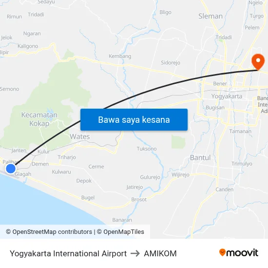 Yogyakarta International Airport to AMIKOM map