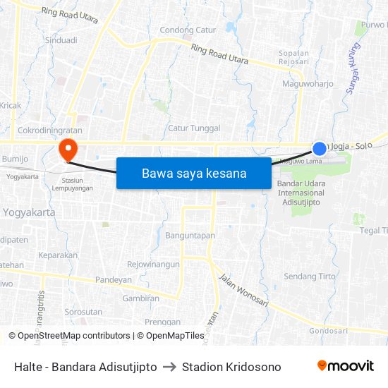 Halte - Bandara Adisutjipto to Stadion Kridosono map