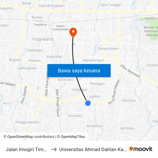 Jalan Imogiri Timur 164 to Universitas Ahmad Dahlan Kampus 1 map