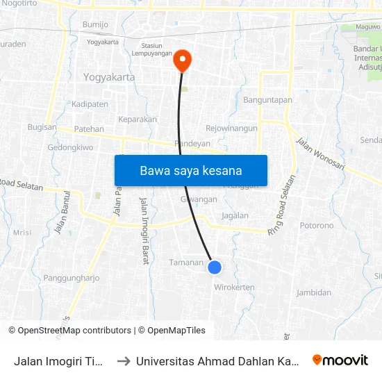 Jalan Imogiri Timur 9 to Universitas Ahmad Dahlan Kampus 1 map