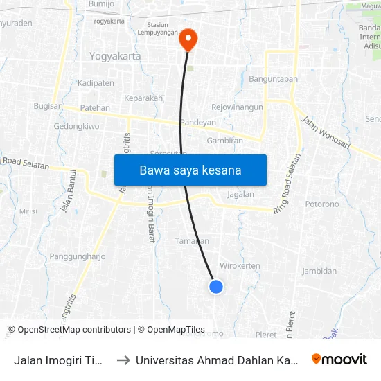 Jalan Imogiri Timur 2 to Universitas Ahmad Dahlan Kampus 1 map