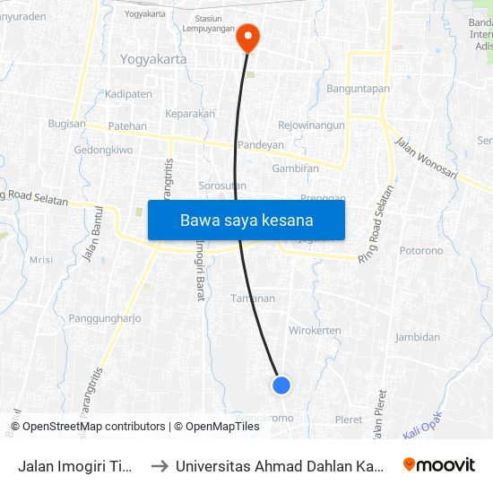 Jalan Imogiri Timur 5 to Universitas Ahmad Dahlan Kampus 1 map