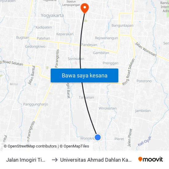 Jalan Imogiri Timur 7 to Universitas Ahmad Dahlan Kampus 1 map