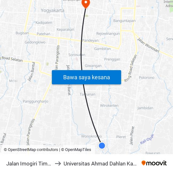 Jalan Imogiri Timur 10 to Universitas Ahmad Dahlan Kampus 1 map