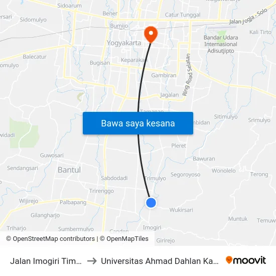 Jalan Imogiri Timur 12 to Universitas Ahmad Dahlan Kampus 1 map