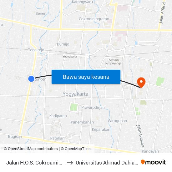 Jalan H.O.S. Cokroaminoto 42 - 46 to Universitas Ahmad Dahlan Kampus 1 map