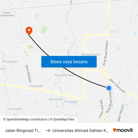 Jalan Ringroad Timur 69 to Universitas Ahmad Dahlan Kampus 1 map