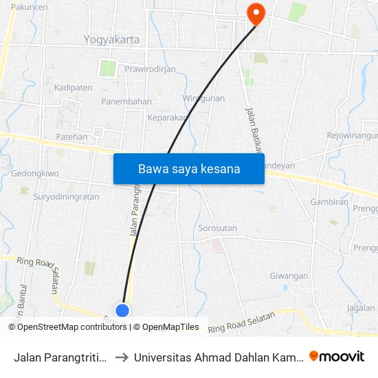 Jalan Parangtritis 14 to Universitas Ahmad Dahlan Kampus 1 map