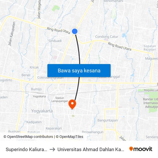 Superindo Kaliurang 2 to Universitas Ahmad Dahlan Kampus 1 map