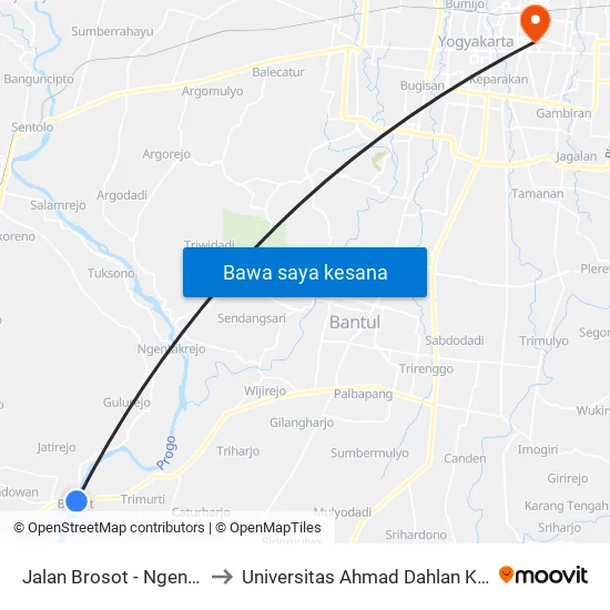 Jalan Brosot - Ngentakrejo to Universitas Ahmad Dahlan Kampus 1 map