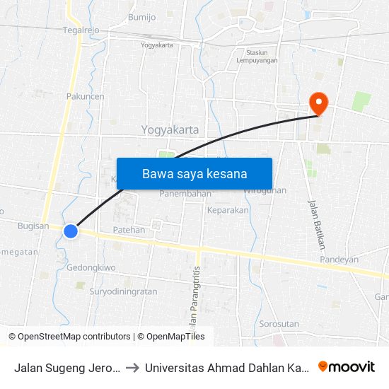 Jalan Sugeng Jeroni 57 to Universitas Ahmad Dahlan Kampus 1 map