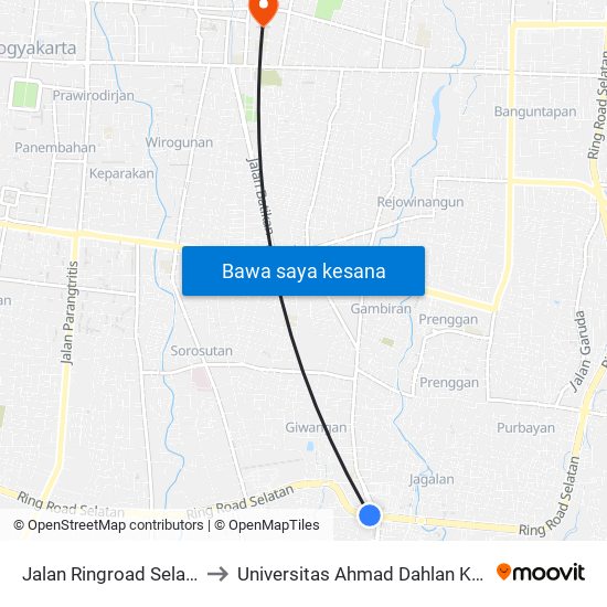 Jalan Ringroad Selatan 21 to Universitas Ahmad Dahlan Kampus 1 map