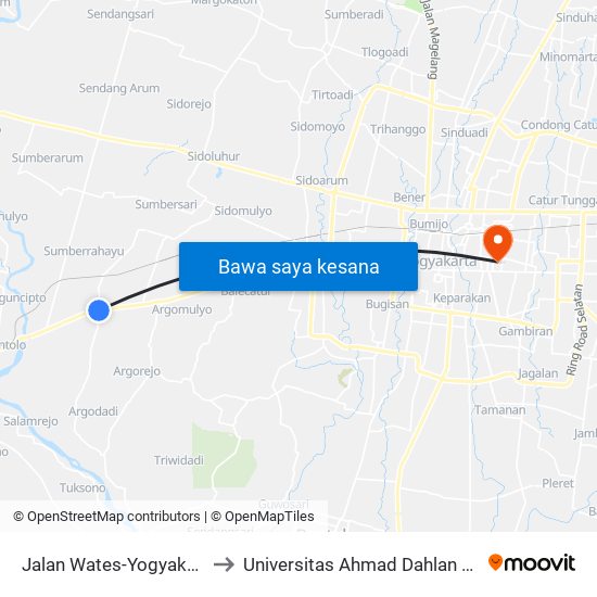 Jalan Wates-Yogyakarta 125 to Universitas Ahmad Dahlan Kampus 1 map