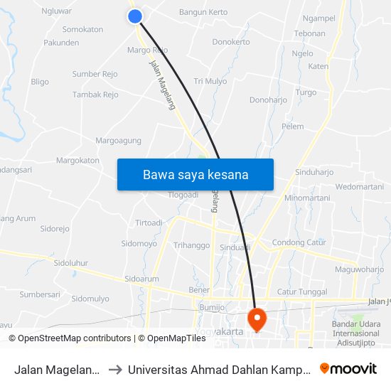 Jalan Magelang 5 to Universitas Ahmad Dahlan Kampus 1 map