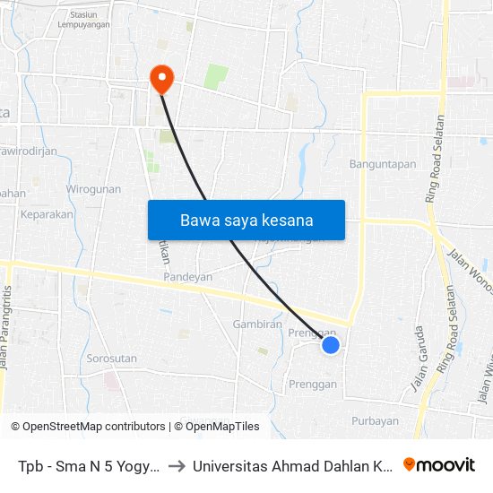 Tpb - Sma N 5 Yogyakarta to Universitas Ahmad Dahlan Kampus 1 map