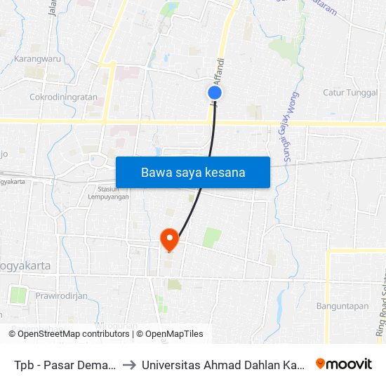 Tpb - Pasar Demangan to Universitas Ahmad Dahlan Kampus 1 map