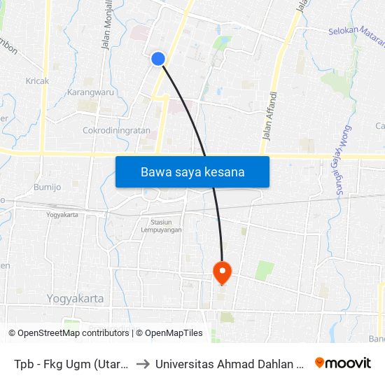 Tpb - Fkg Ugm (Utara Jalan) to Universitas Ahmad Dahlan Kampus 1 map