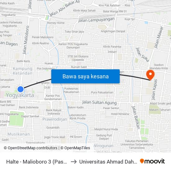 Halte - Malioboro 3 (Pasar Beringharjo) to Universitas Ahmad Dahlan Kampus 1 map