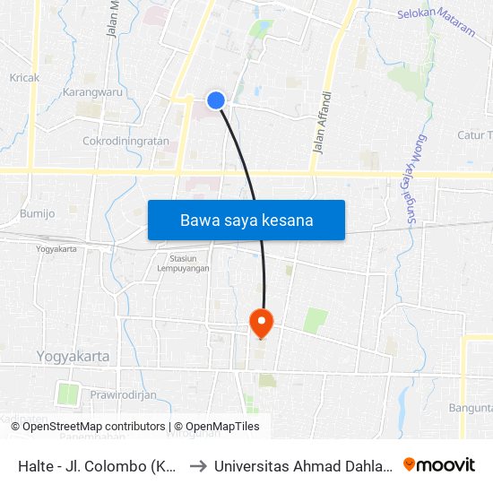 Halte - Jl. Colombo (Kosudgama) to Universitas Ahmad Dahlan Kampus 1 map