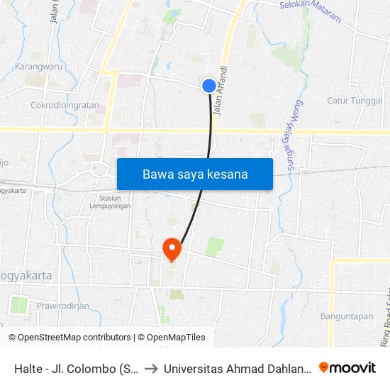 Halte - Jl. Colombo (Samirono) to Universitas Ahmad Dahlan Kampus 1 map