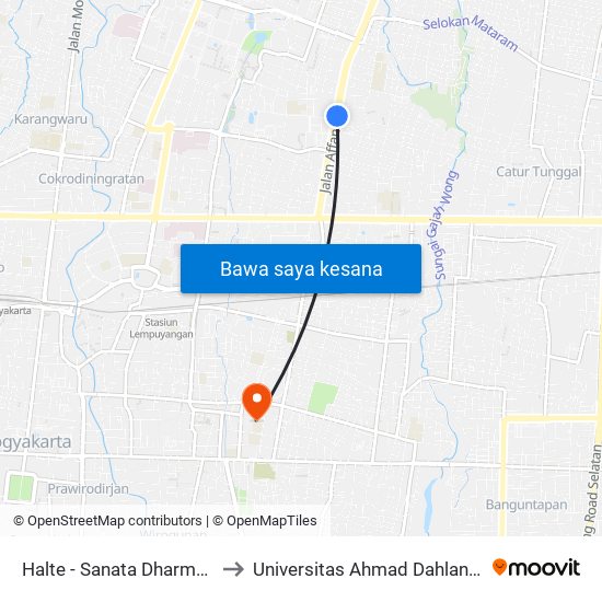 Halte - Sanata Dharma Gejayan to Universitas Ahmad Dahlan Kampus 1 map