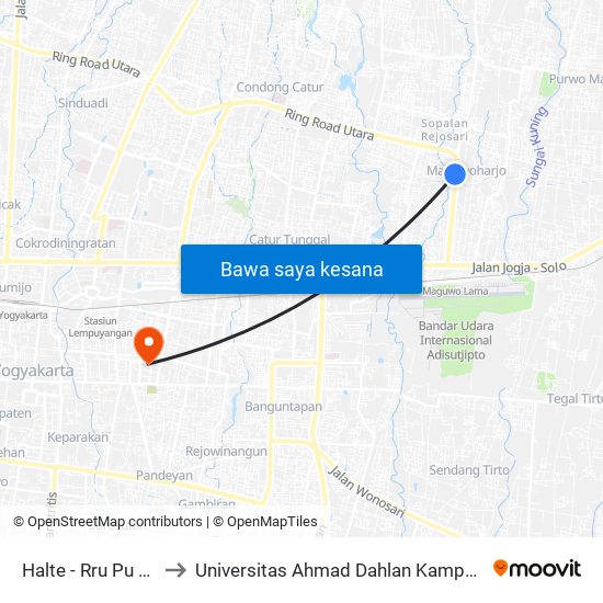 Halte - Rru Pu Pjn to Universitas Ahmad Dahlan Kampus 1 map