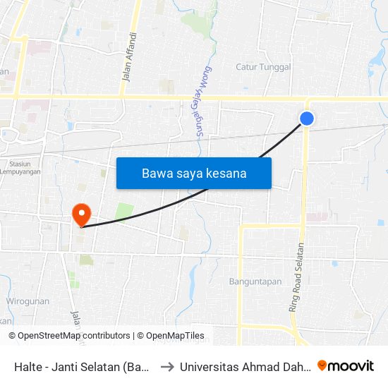 Halte - Janti Selatan (Bawah Jembatan) to Universitas Ahmad Dahlan Kampus 1 map