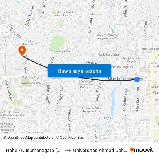 Halte - Kusumanegara (Gedung Juang) to Universitas Ahmad Dahlan Kampus 1 map