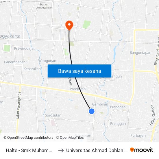 Halte - Smk Muhammadiyah 3 to Universitas Ahmad Dahlan Kampus 1 map