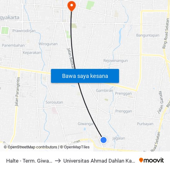 Halte - Term. Giwangan to Universitas Ahmad Dahlan Kampus 1 map