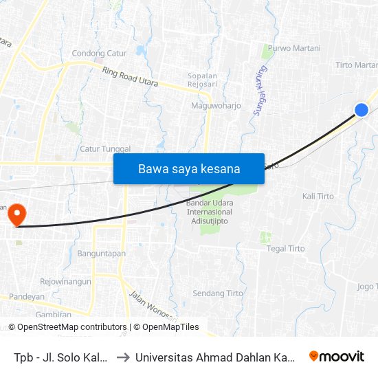 Tpb - Jl. Solo Kalasan to Universitas Ahmad Dahlan Kampus 1 map