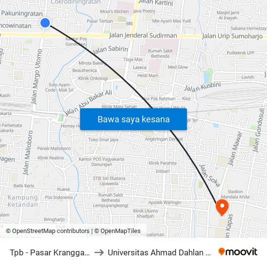 Tpb - Pasar Kranggan Timur to Universitas Ahmad Dahlan Kampus 1 map