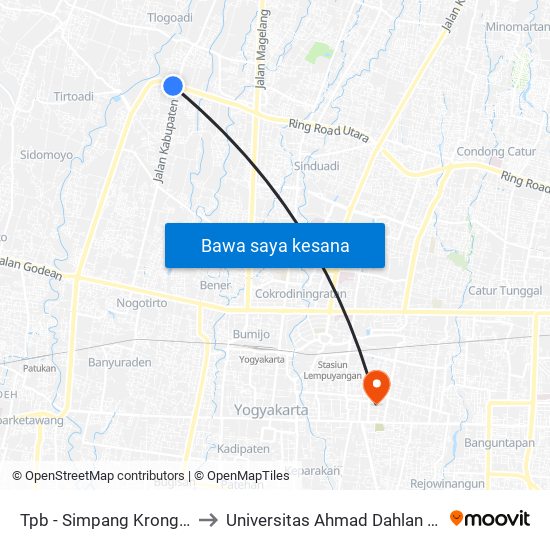 Tpb - Simpang Kronggahan 1 to Universitas Ahmad Dahlan Kampus 1 map