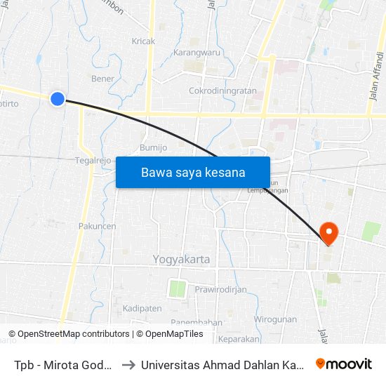 Tpb - Mirota Godean 1 to Universitas Ahmad Dahlan Kampus 1 map