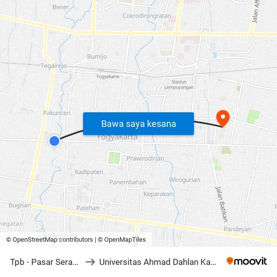Tpb - Pasar Serangan to Universitas Ahmad Dahlan Kampus 1 map