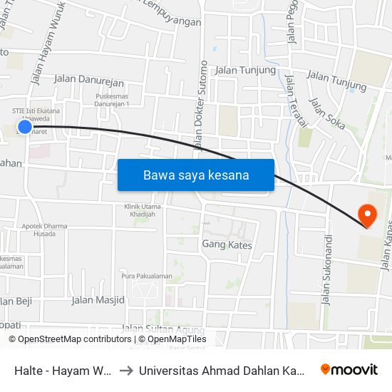 Halte - Hayam Wuruk to Universitas Ahmad Dahlan Kampus 1 map