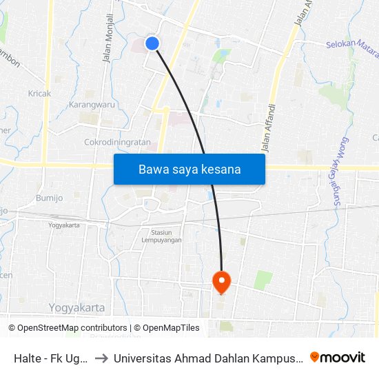 Halte - Fk Ugm to Universitas Ahmad Dahlan Kampus 1 map