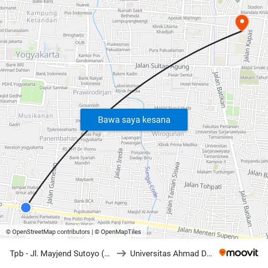 Tpb - Jl. Mayjend Sutoyo (Plengkung Gading) to Universitas Ahmad Dahlan Kampus 1 map