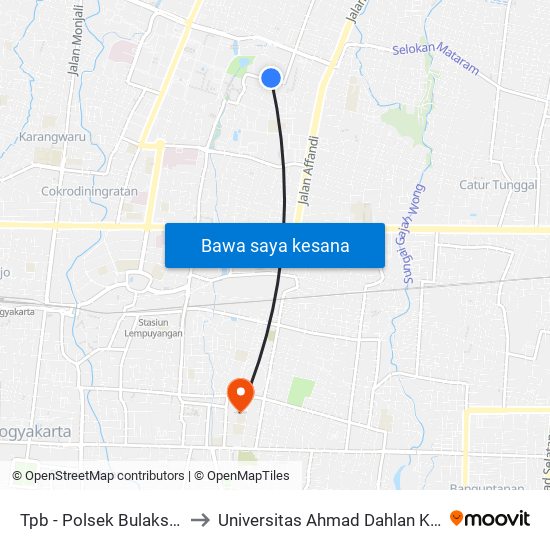 Tpb - Polsek Bulaksumur 1 to Universitas Ahmad Dahlan Kampus 1 map