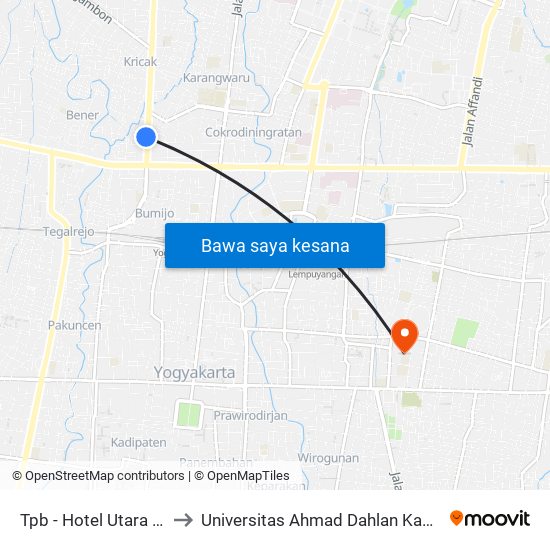 Tpb - Hotel Utara Kota to Universitas Ahmad Dahlan Kampus 1 map
