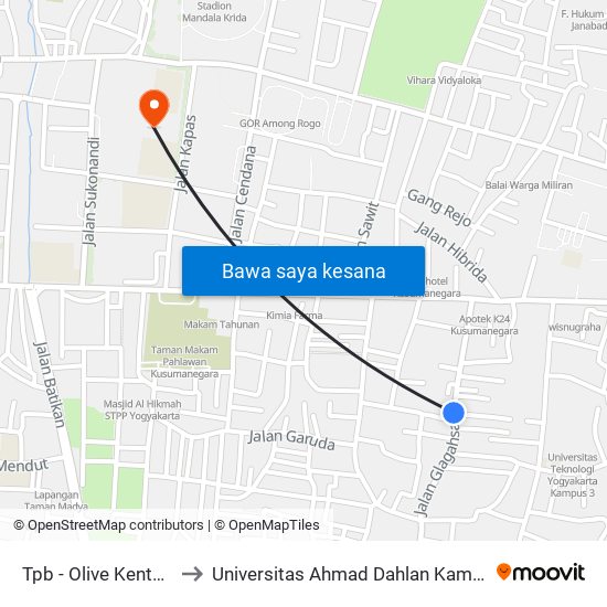 Tpb - Olive Kentucky to Universitas Ahmad Dahlan Kampus 1 map