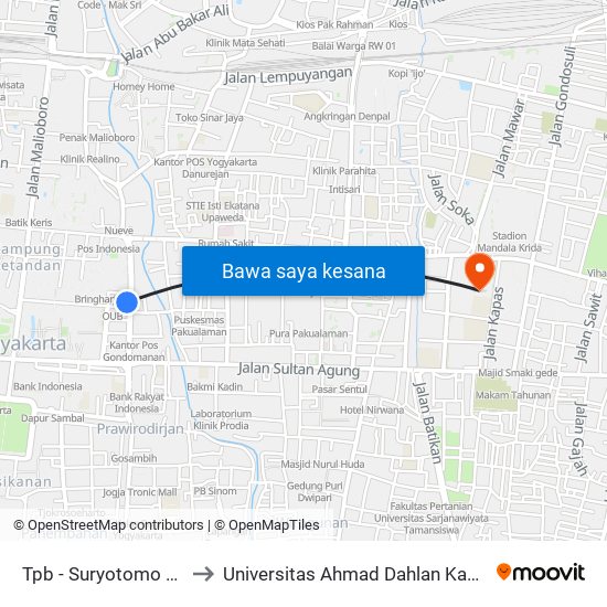 Tpb - Suryotomo Barat to Universitas Ahmad Dahlan Kampus 1 map