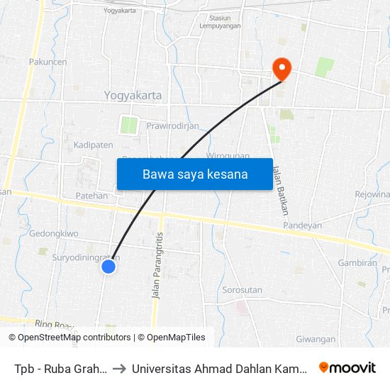 Tpb - Ruba Graha 1 to Universitas Ahmad Dahlan Kampus 1 map