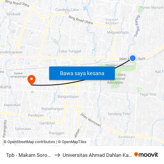 Tpb - Makam Sorogenen to Universitas Ahmad Dahlan Kampus 1 map