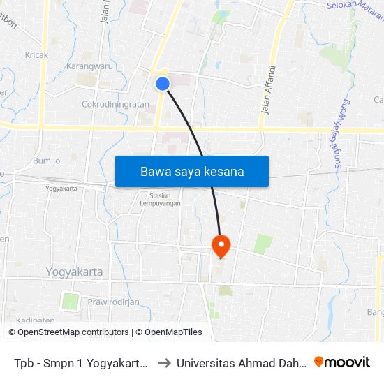 Tpb - Smpn 1 Yogyakarta (Barat Jalan) to Universitas Ahmad Dahlan Kampus 1 map