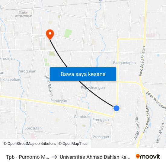 Tpb - Purnomo Mebel to Universitas Ahmad Dahlan Kampus 1 map