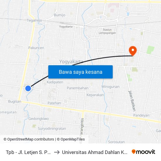 Tpb - Jl. Letjen S. Parman to Universitas Ahmad Dahlan Kampus 1 map