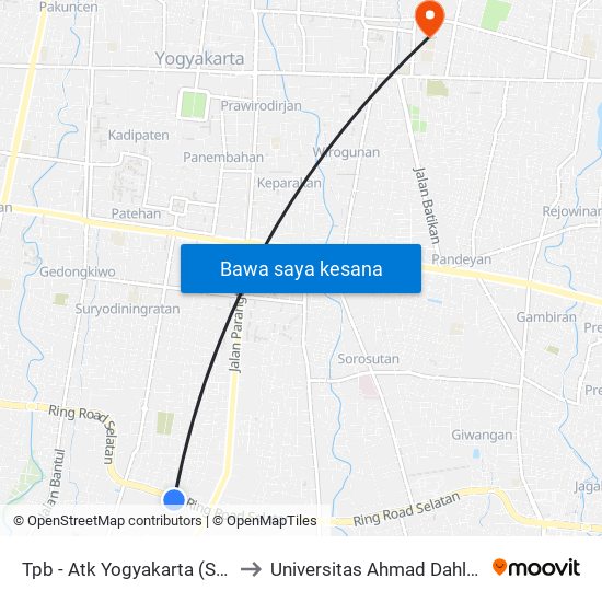 Tpb - Atk Yogyakarta (Selatan Jalan) to Universitas Ahmad Dahlan Kampus 1 map