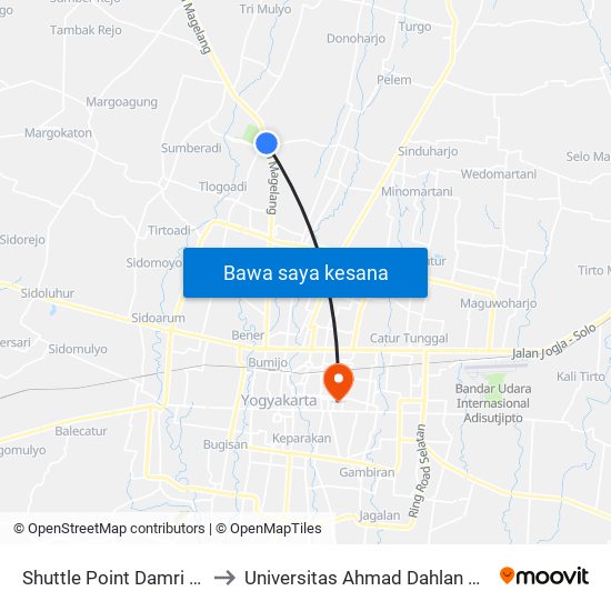 Shuttle Point Damri Sleman to Universitas Ahmad Dahlan Kampus 1 map