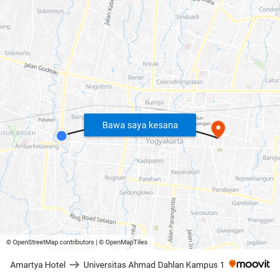 Amartya Hotel to Universitas Ahmad Dahlan Kampus 1 map